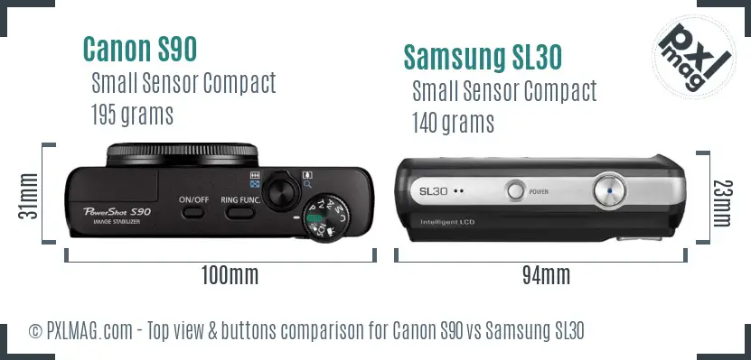 Canon S90 vs Samsung SL30 top view buttons comparison