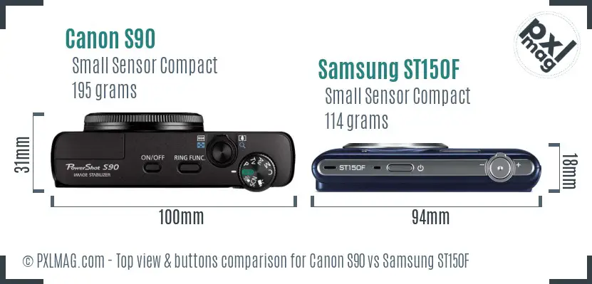 Canon S90 vs Samsung ST150F top view buttons comparison Canon S90 vs Samsung ST150F top view buttons comparison