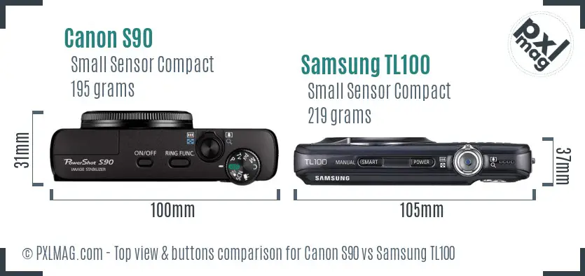 Canon S90 vs Samsung TL100 top view buttons comparison Canon S90 vs Samsung TL100 top view buttons comparison