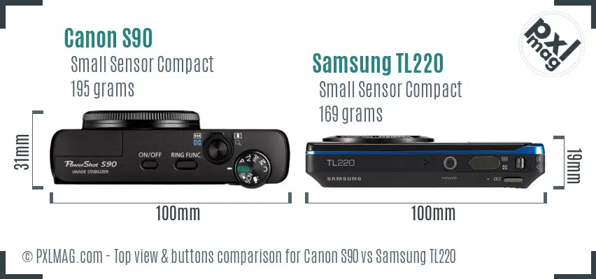 Canon S90 vs Samsung TL220 top view buttons comparison