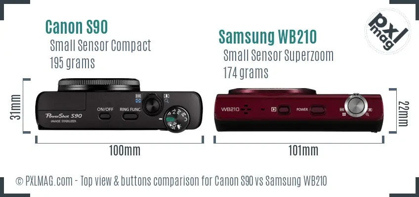 Canon S90 vs Samsung WB210 top view buttons comparison