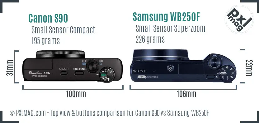 Canon S90 vs Samsung WB250F top view buttons comparison