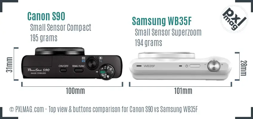 Canon S90 vs Samsung WB35F top view buttons comparison Canon S90 vs Samsung WB35F top view buttons comparison