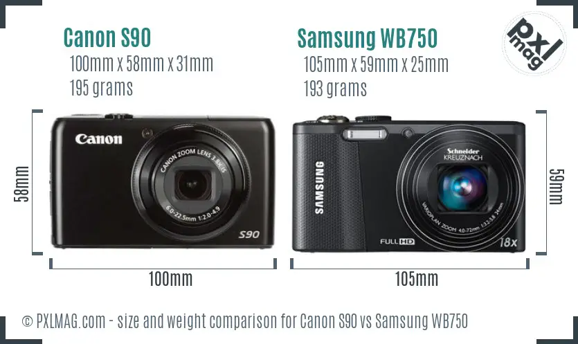 Canon S90 vs Samsung WB750 size comparison