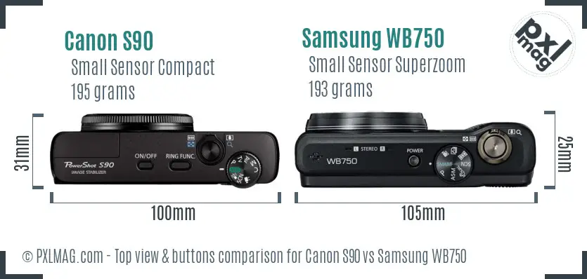 Canon S90 vs Samsung WB750 top view buttons comparison