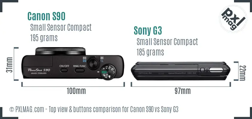 Canon S90 vs Sony G3 top view buttons comparison