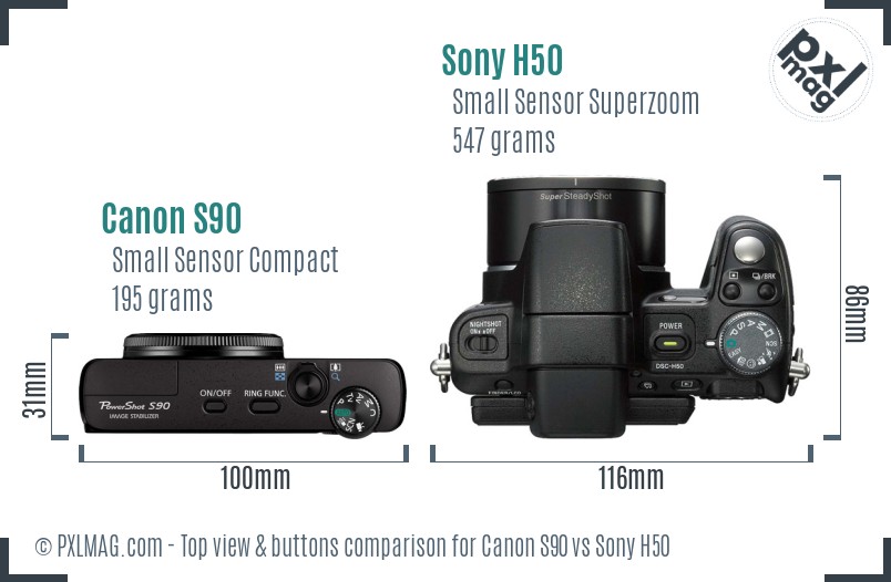 Canon S90 vs Sony H50 top view buttons comparison