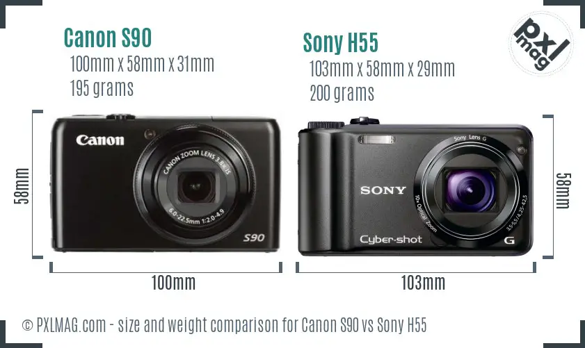 Canon S90 vs Sony H55 size comparison