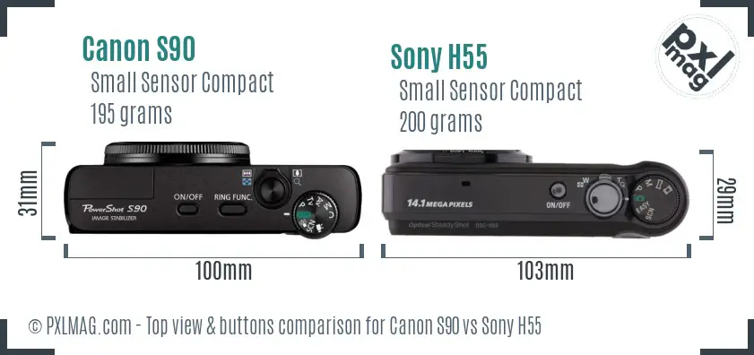 Canon S90 vs Sony H55 top view buttons comparison