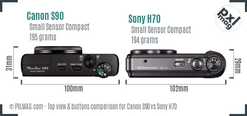 Canon S90 vs Sony H70 top view buttons comparison