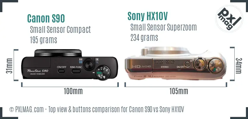 Canon S90 vs Sony HX10V top view buttons comparison