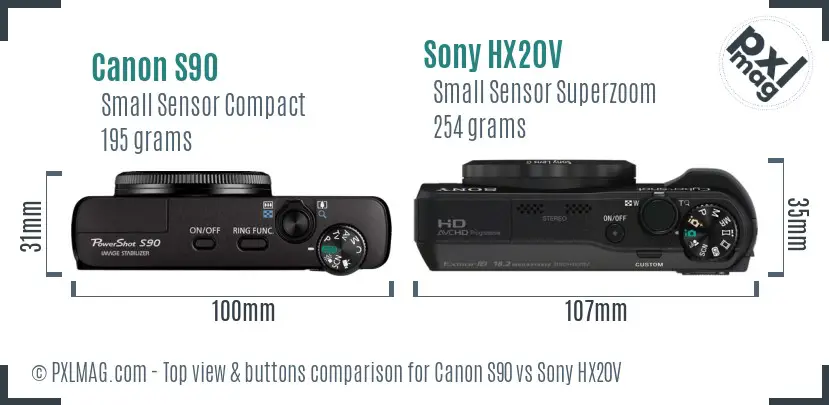 Canon S90 vs Sony HX20V top view buttons comparison