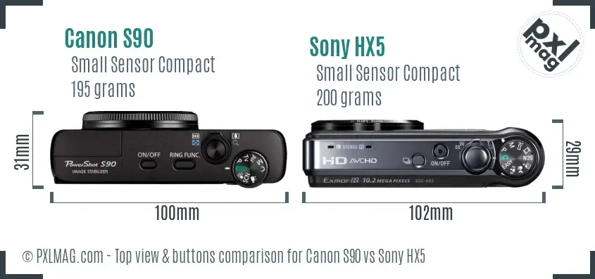 Canon S90 vs Sony HX5 top view buttons comparison