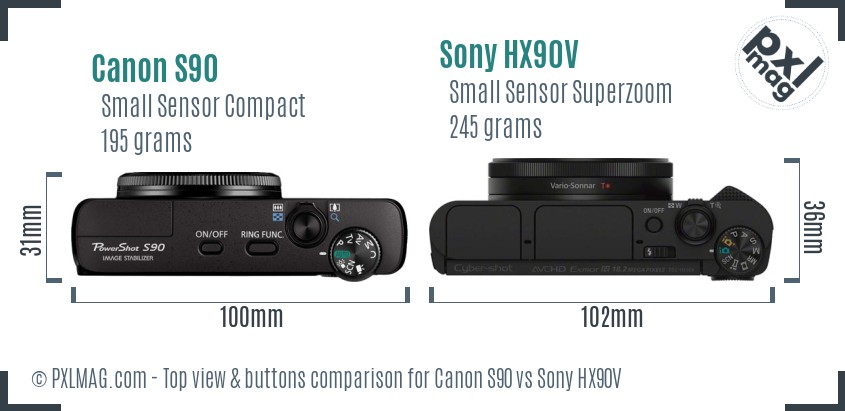 Canon S90 vs Sony HX90V top view buttons comparison