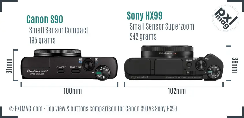 Canon S90 vs Sony HX99 top view buttons comparison
