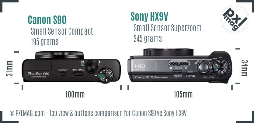 Canon S90 vs Sony HX9V top view buttons comparison