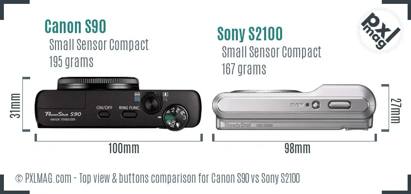 Canon S90 vs Sony S2100 top view buttons comparison Canon S90 vs Sony S2100 top view buttons comparison