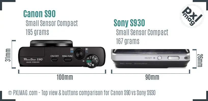 Canon S90 vs Sony S930 top view buttons comparison