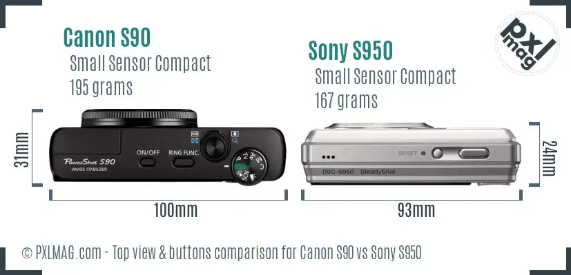 Canon S90 vs Sony S950 top view buttons comparison