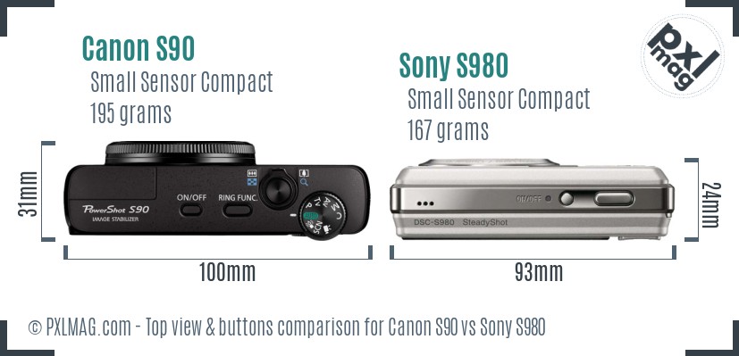 Canon S90 vs Sony S980 top view buttons comparison