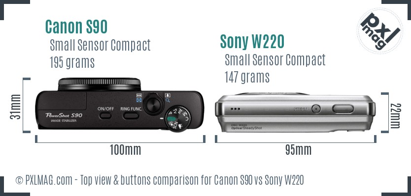 Canon S90 vs Sony W220 top view buttons comparison