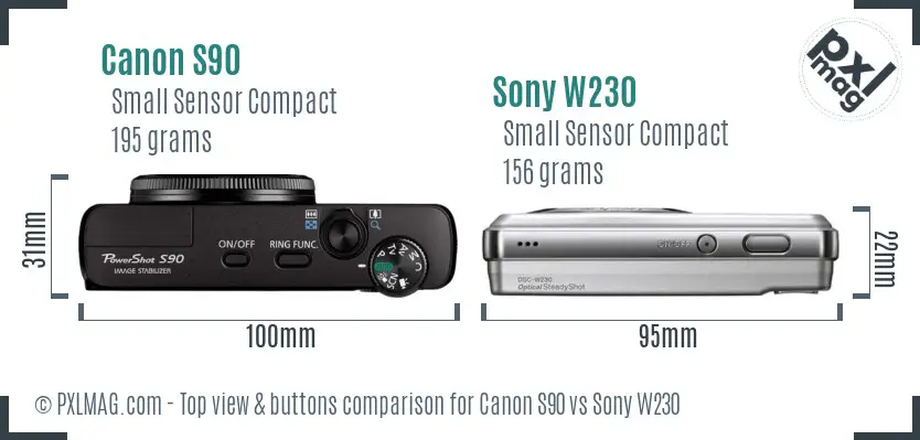 Canon S90 vs Sony W230 top view buttons comparison