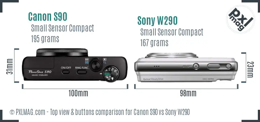 Canon S90 vs Sony W290 top view buttons comparison