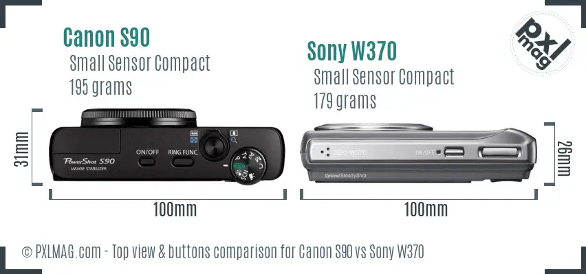 Canon S90 vs Sony W370 top view buttons comparison