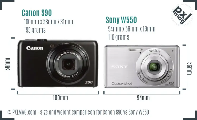 Canon S90 vs Sony W550 size comparison