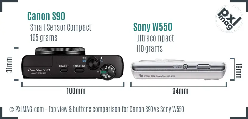 Canon S90 vs Sony W550 top view buttons comparison