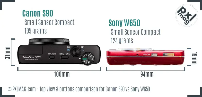 Canon S90 vs Sony W650 top view buttons comparison Canon S90 vs Sony W650 top view buttons comparison