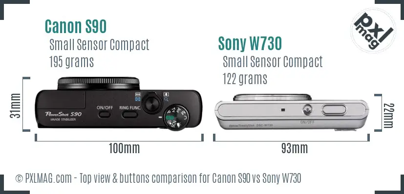 Canon S90 vs Sony W730 top view buttons comparison