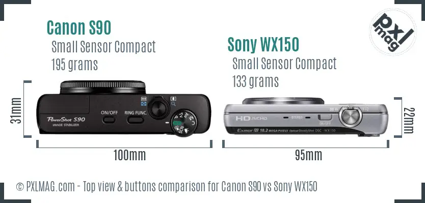 Canon S90 vs Sony WX150 top view buttons comparison