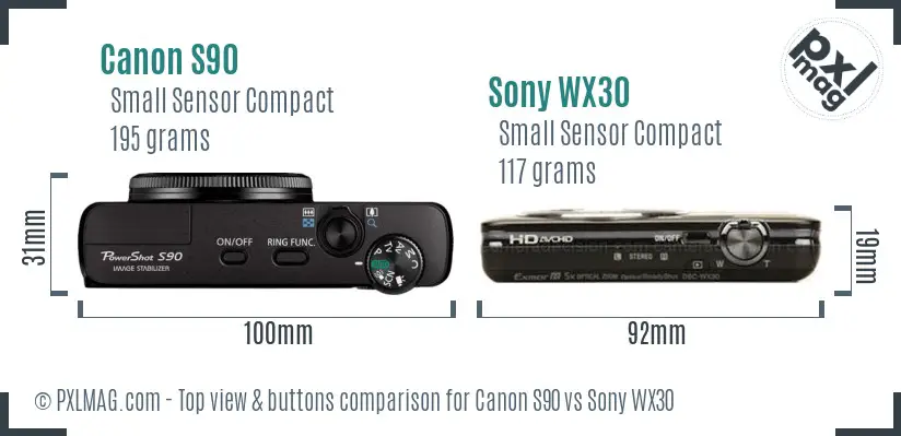 Canon S90 vs Sony WX30 top view buttons comparison