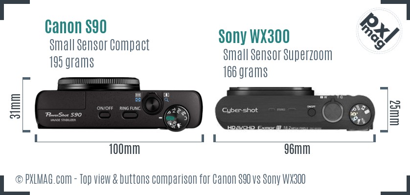 Canon S90 vs Sony WX300 top view buttons comparison