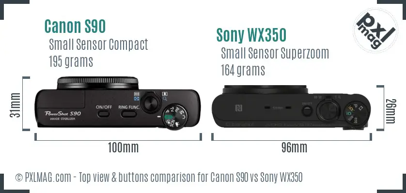 Canon S90 vs Sony WX350 top view buttons comparison