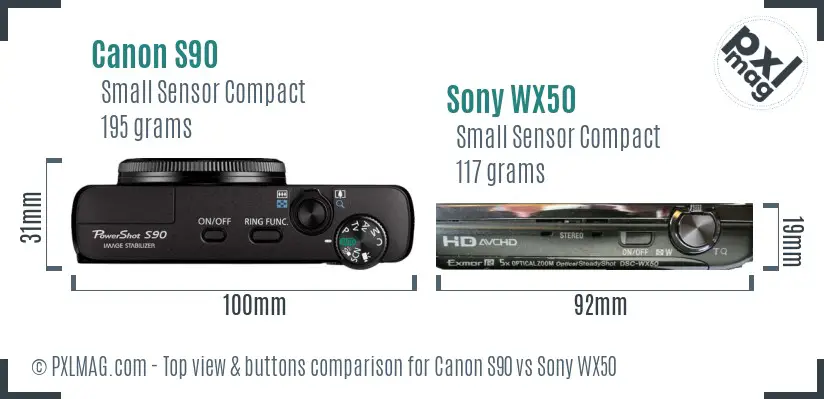 Canon S90 vs Sony WX50 top view buttons comparison