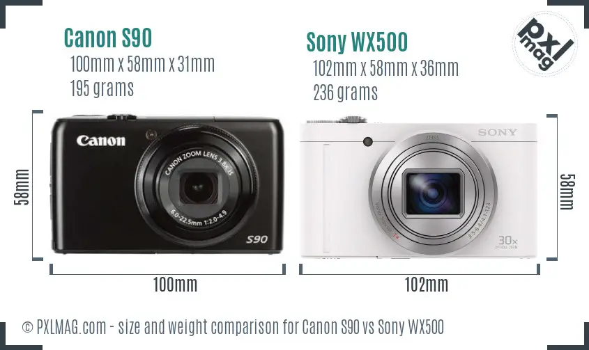 Canon S90 vs Sony WX500 size comparison
