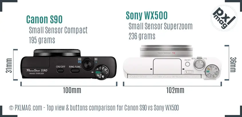 Canon S90 vs Sony WX500 top view buttons comparison