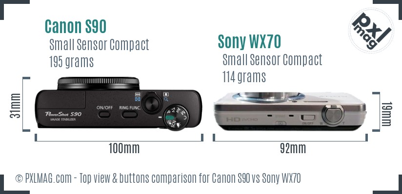 Canon S90 vs Sony WX70 top view buttons comparison