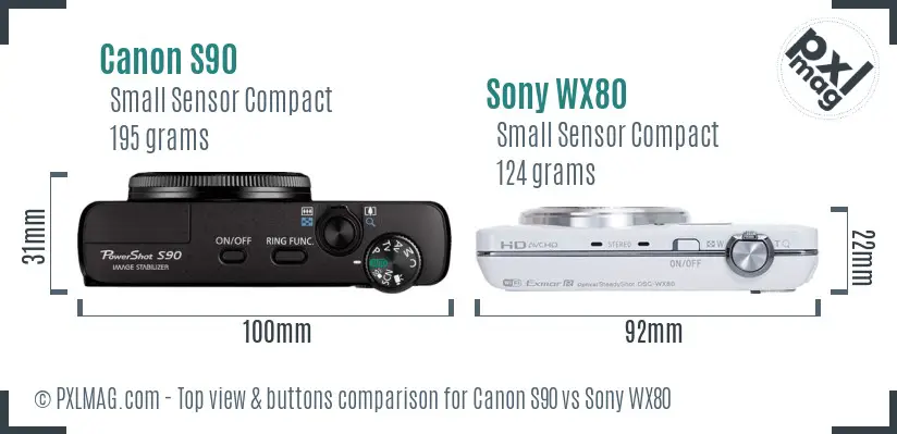 Canon S90 vs Sony WX80 top view buttons comparison