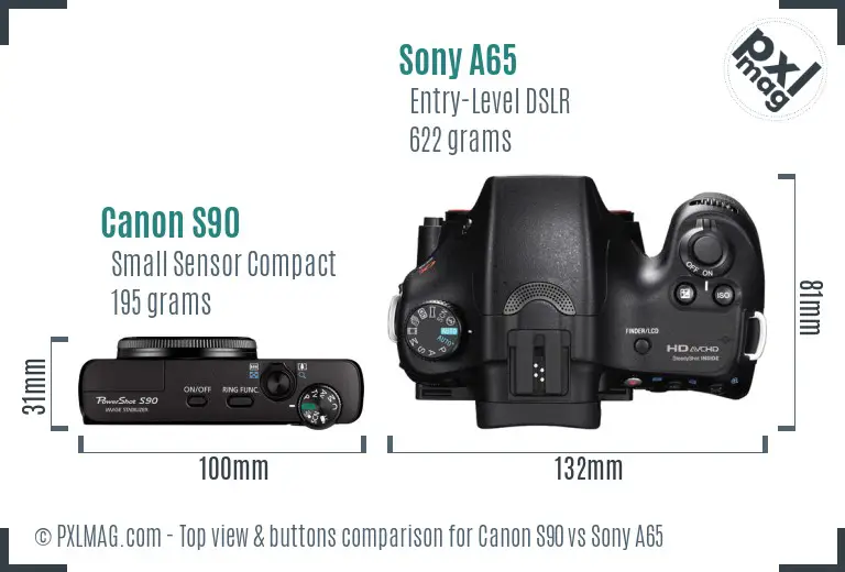 Canon S90 vs Sony A65 top view buttons comparison