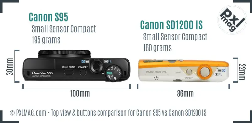 Canon S95 vs Canon SD1200 IS top view buttons comparison Canon S95 vs Canon SD1200 IS top view buttons comparison