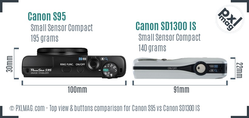 Canon S95 vs Canon SD1300 IS top view buttons comparison