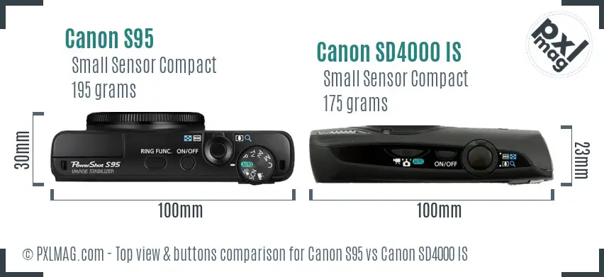 Canon S95 vs Canon SD4000 IS top view buttons comparison