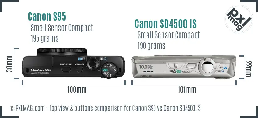 Canon S95 vs Canon SD4500 IS top view buttons comparison