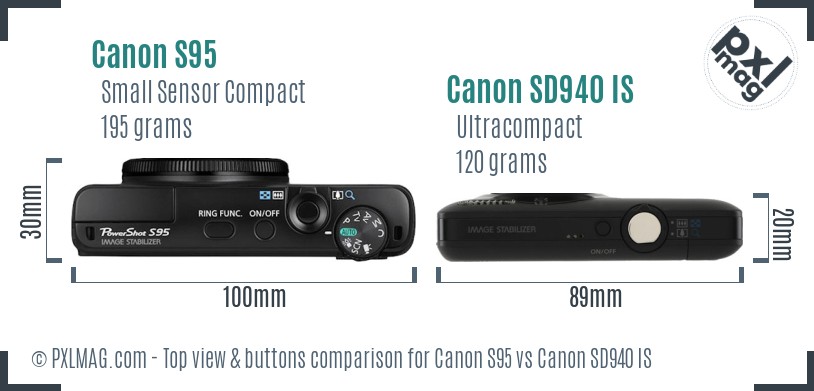 Canon S95 vs Canon SD940 IS top view buttons comparison