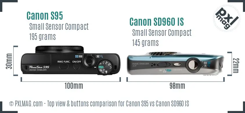 Canon S95 vs Canon SD960 IS top view buttons comparison