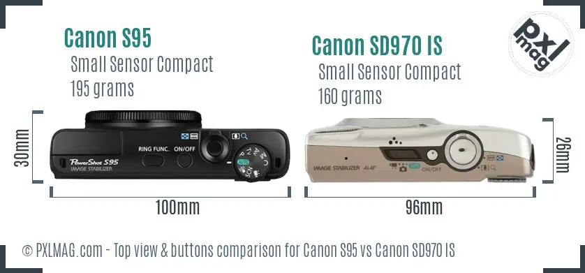 Canon S95 vs Canon SD970 IS top view buttons comparison
