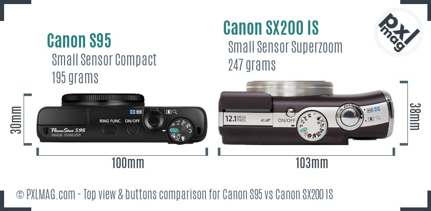 Canon S95 vs Canon SX200 IS top view buttons comparison